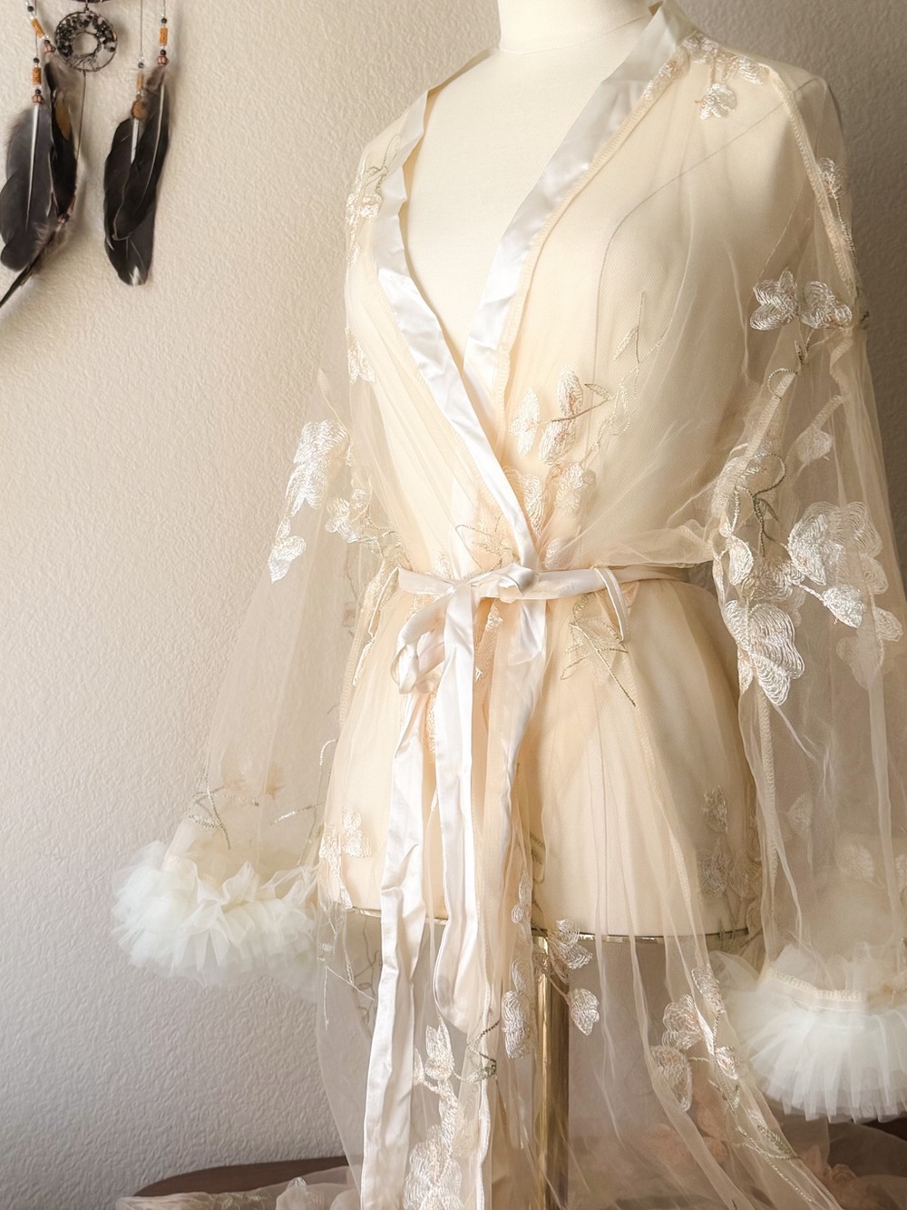 Sheer Embroidered Mesh Robe Duster Ivory Floral Lace Fairycore Large